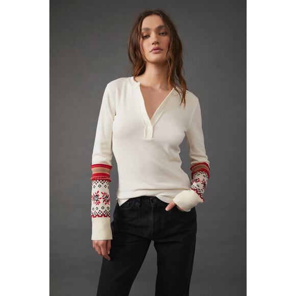 Free People Mikah Notch Neck Top Thermal Long Sleeve Cream Size Large - Picture 3 of 13